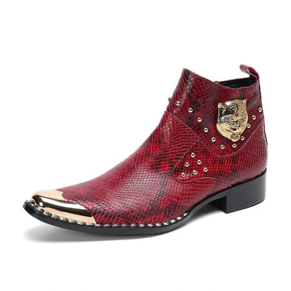 Bottes Pour Hommes Habillées Cuir Véritable Texture Croco - Rouge