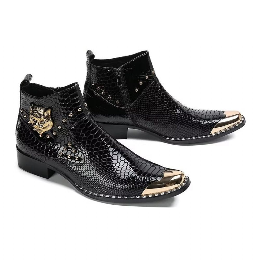 Bottes Pour Hommes Habillées Cuir Véritable Texture Croco - Noir