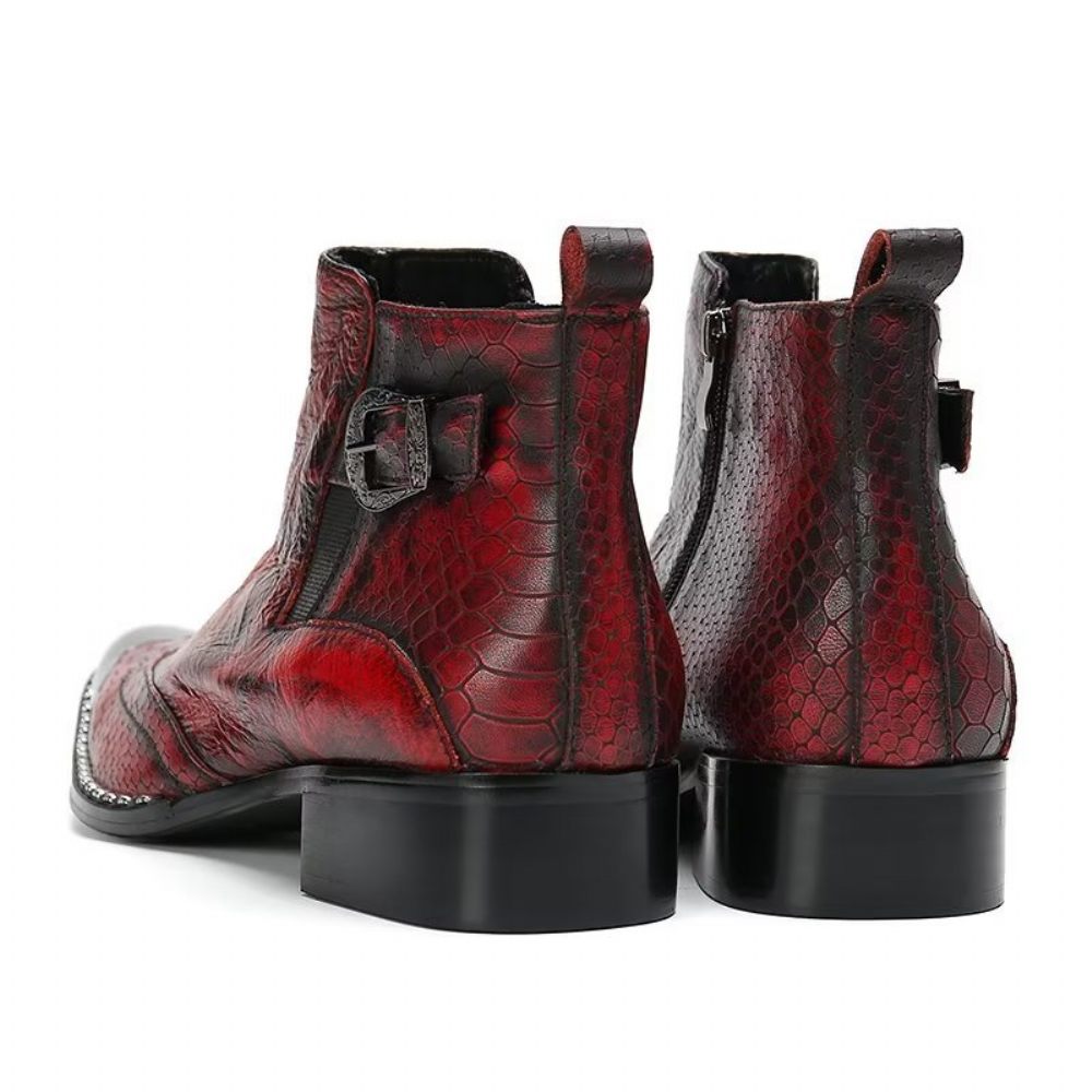 Bottes Pour Hommes Habillées Cuir Véritable À Texture Croco Luxe - Rouge