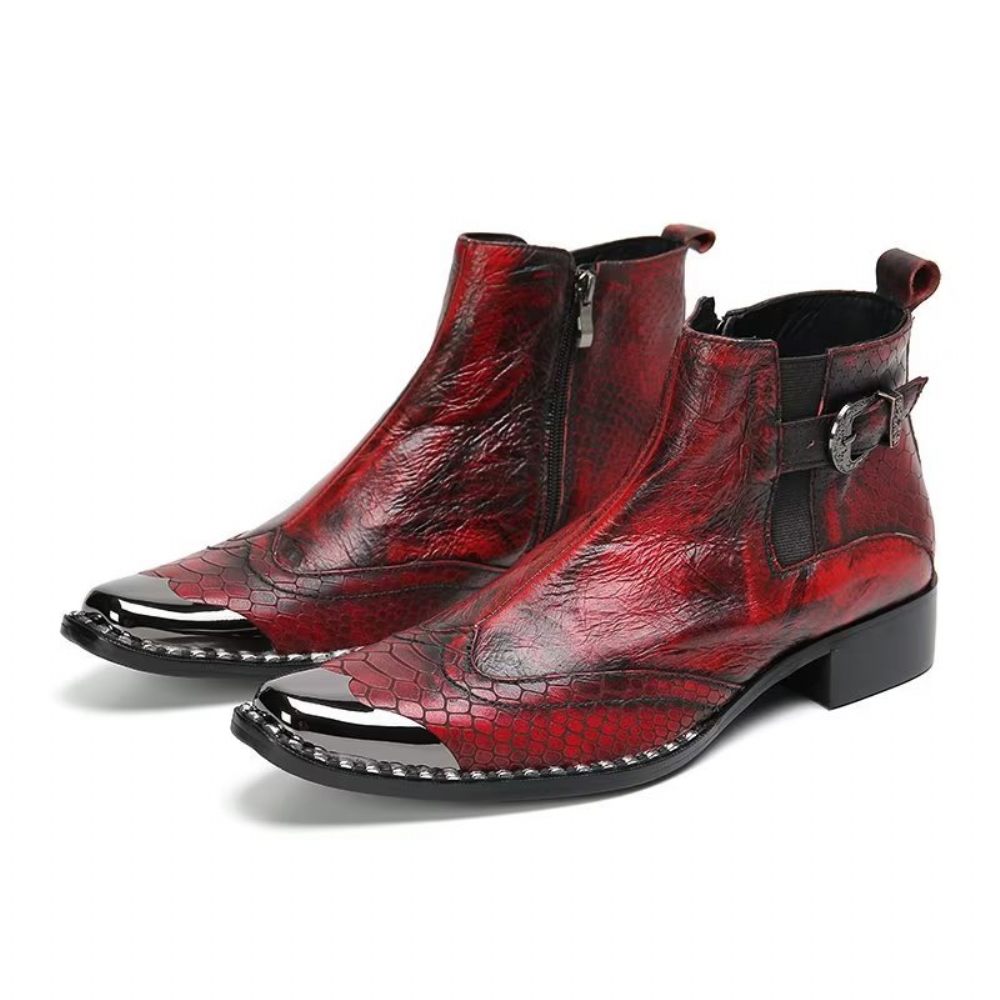 Bottes Pour Hommes Habillées Cuir Véritable À Texture Croco Luxe - Rouge