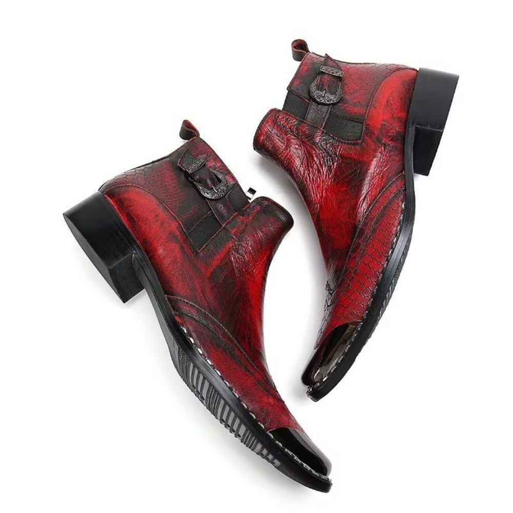 Bottes Pour Hommes Habillées Cuir Véritable À Texture Croco Luxe - Rouge