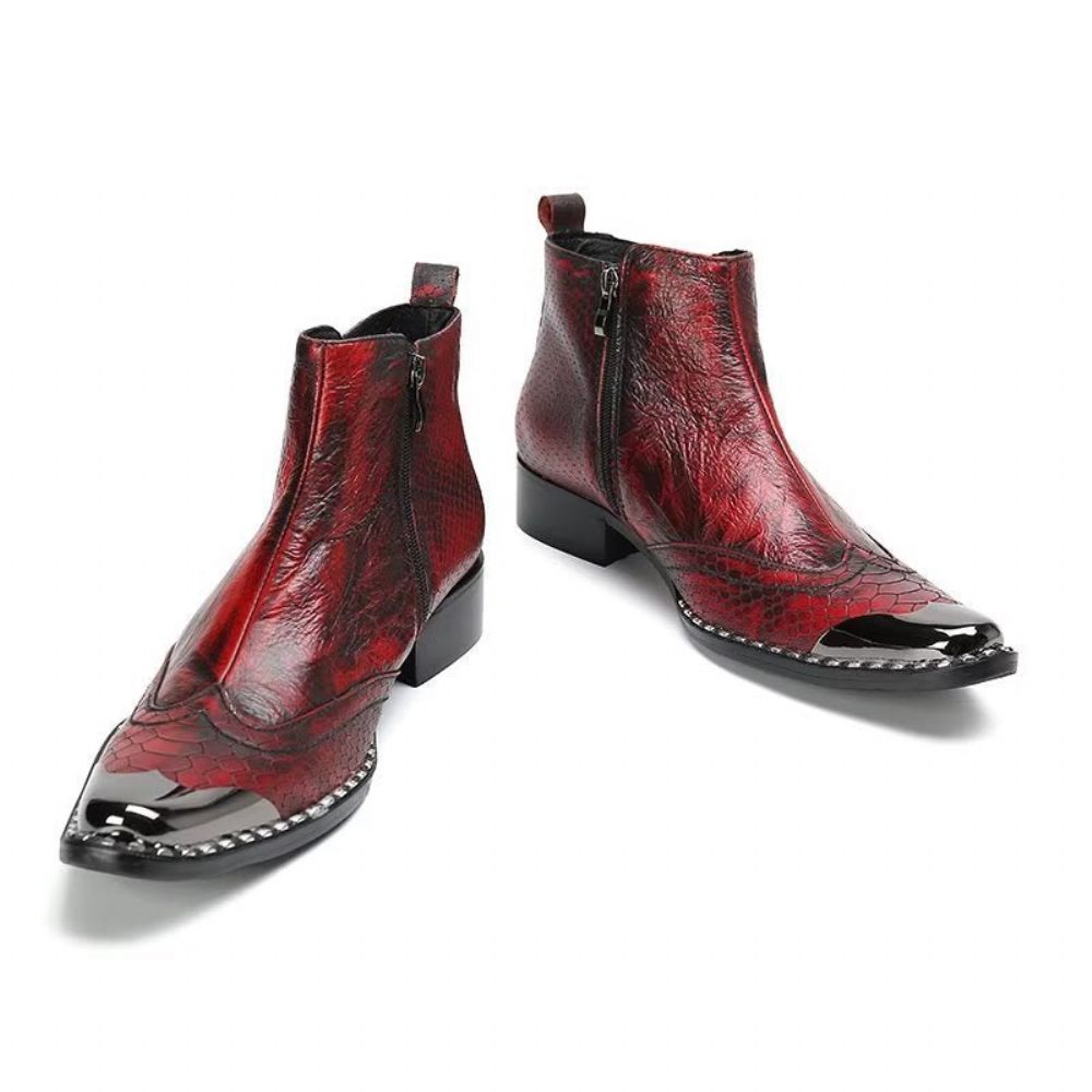 Bottes Pour Hommes Habillées Cuir Véritable À Texture Croco Luxe - Rouge