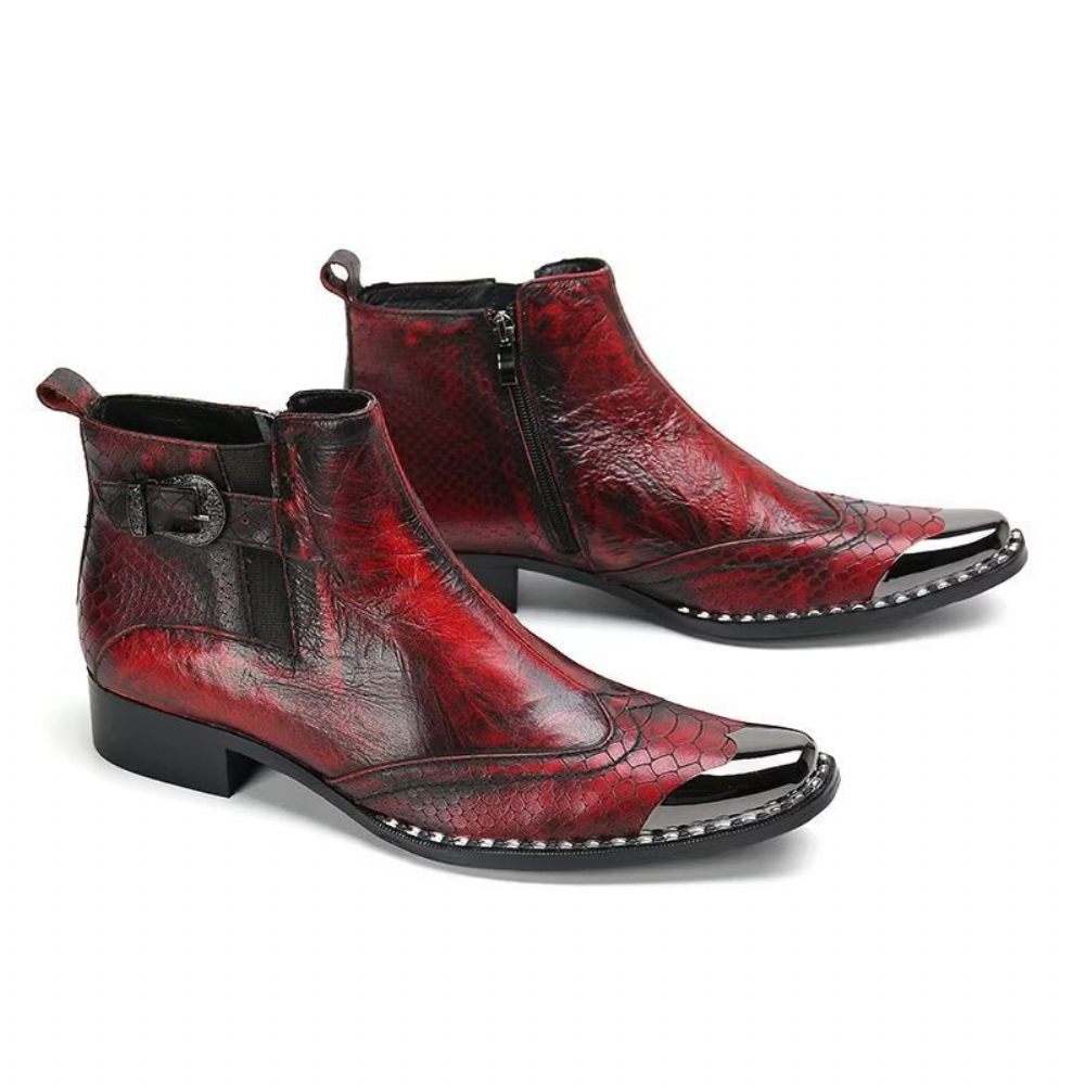 Bottes Pour Hommes Habillées Cuir Véritable À Texture Croco Luxe - Rouge