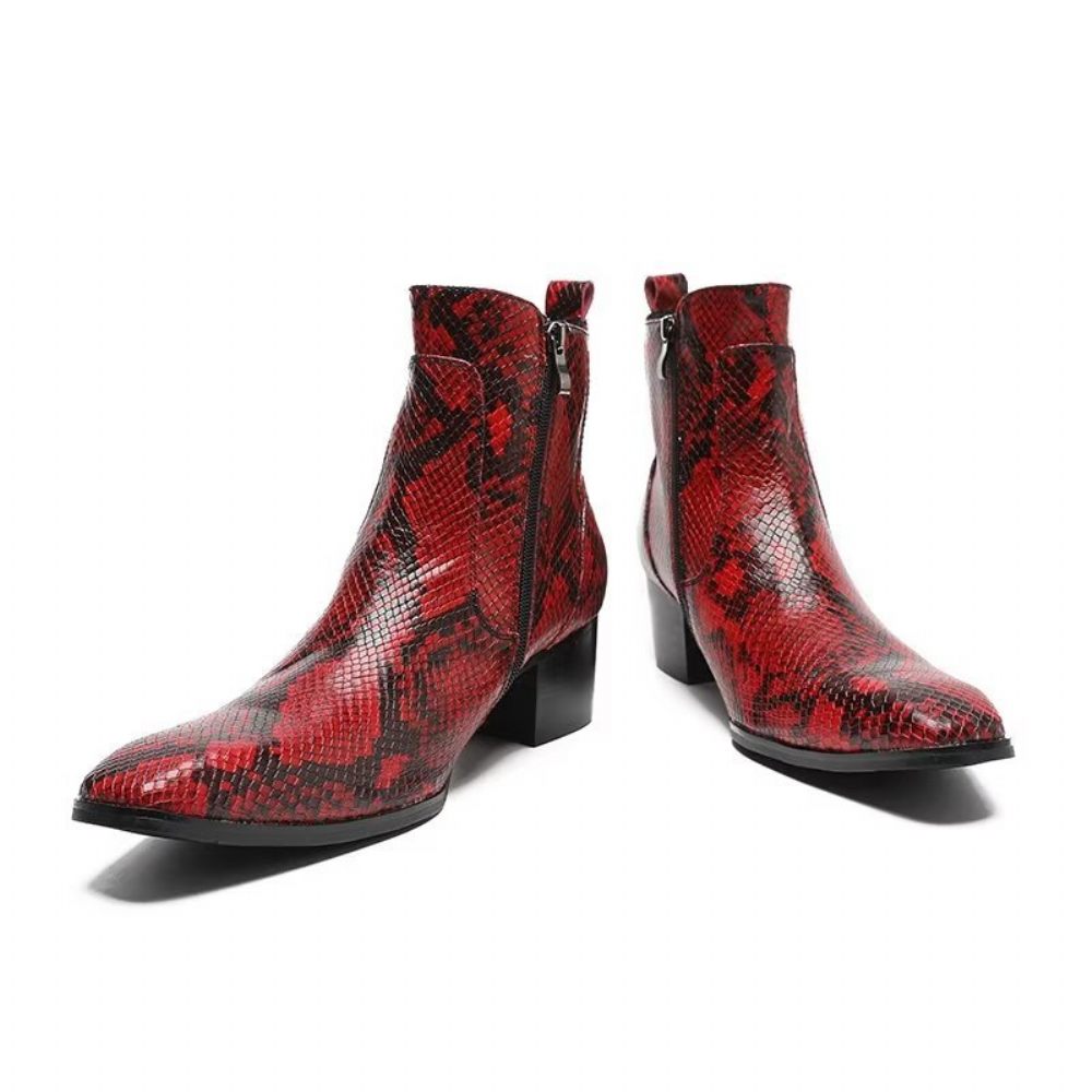 Bottes Pour Hommes Habillées À Fermeture Éclair Cuir Serpent Exotique - Rouge