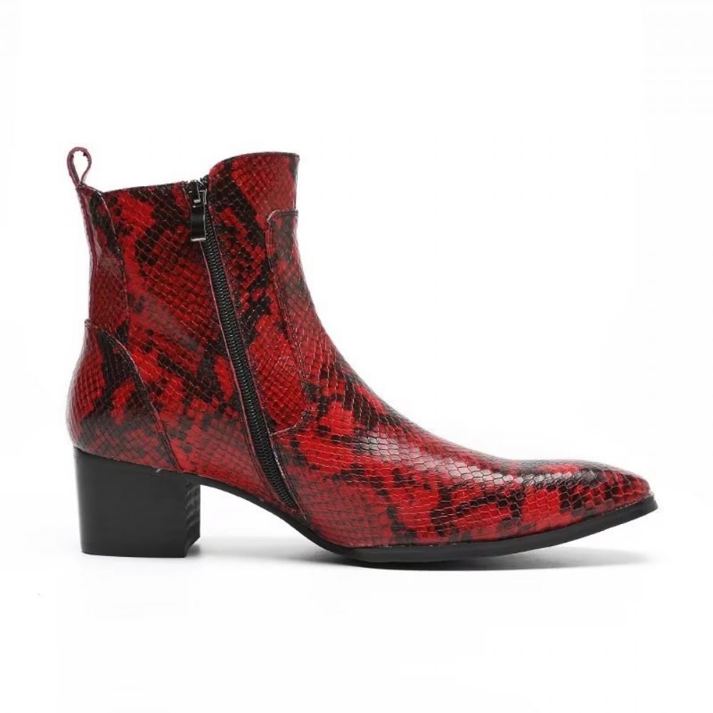 Bottes Pour Hommes Habillées À Fermeture Éclair Cuir Serpent Exotique - Rouge