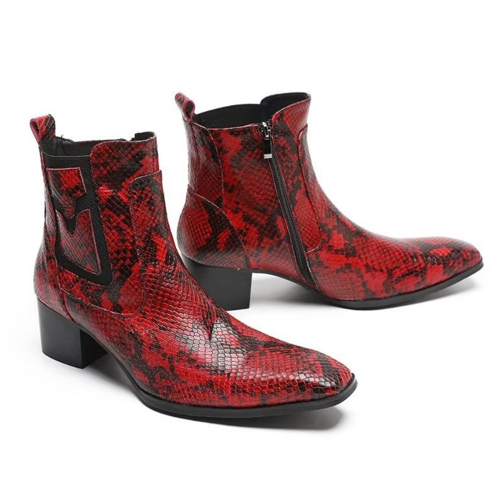 Bottes Pour Hommes Habillées À Fermeture Éclair Cuir Serpent Exotique - Rouge