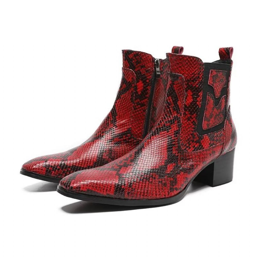 Bottes Pour Hommes Habillées À Fermeture Éclair Cuir Serpent Exotique - Rouge