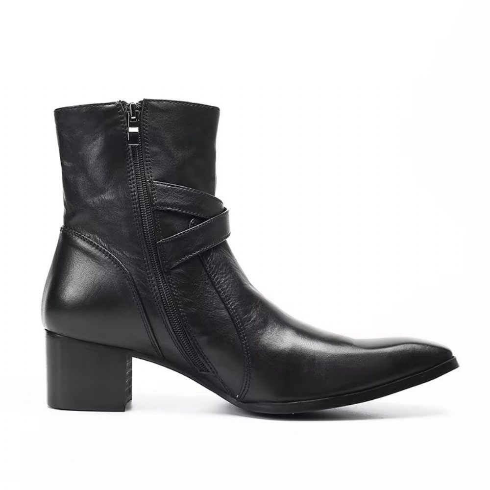 Bottes Pour Hommes Habillées À Fermeture Éclair Cuir Véritable - Noir 1