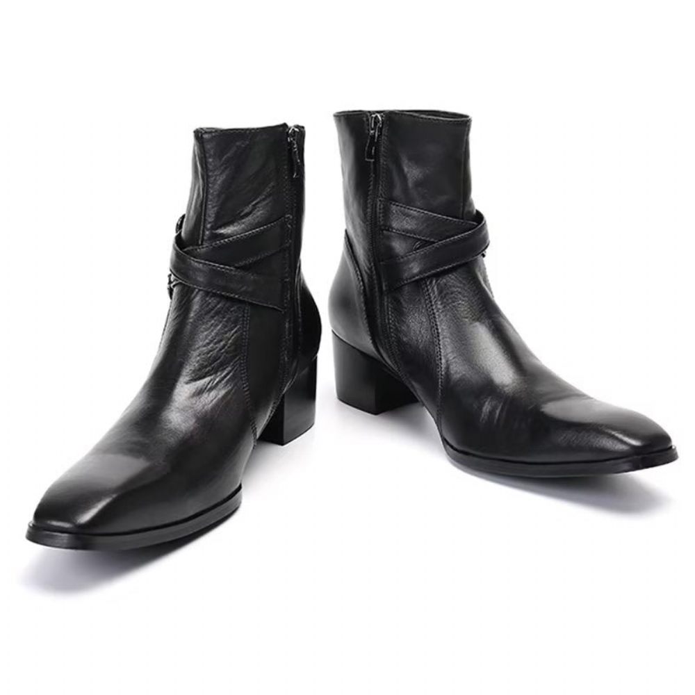 Bottes Pour Hommes Habillées À Fermeture Éclair Cuir Véritable - Noir 1