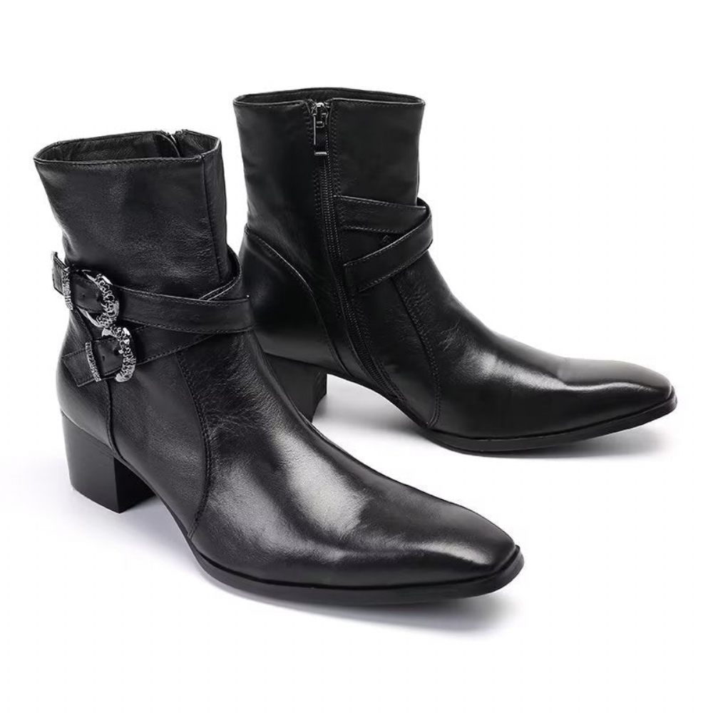 Bottes Pour Hommes Habillées À Fermeture Éclair Cuir Véritable - Noir 1