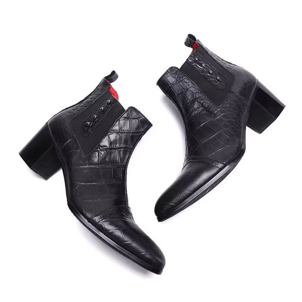 Bottes Pour Hommes Habillées Luxe Cuir Gaufré Croco - Noir