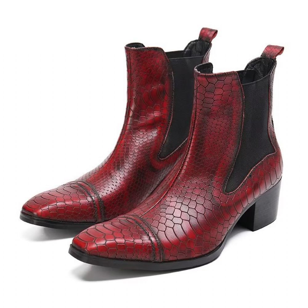 Bottes Pour Hommes Habillées Luxe Cuir À Texture Croco - Rouge