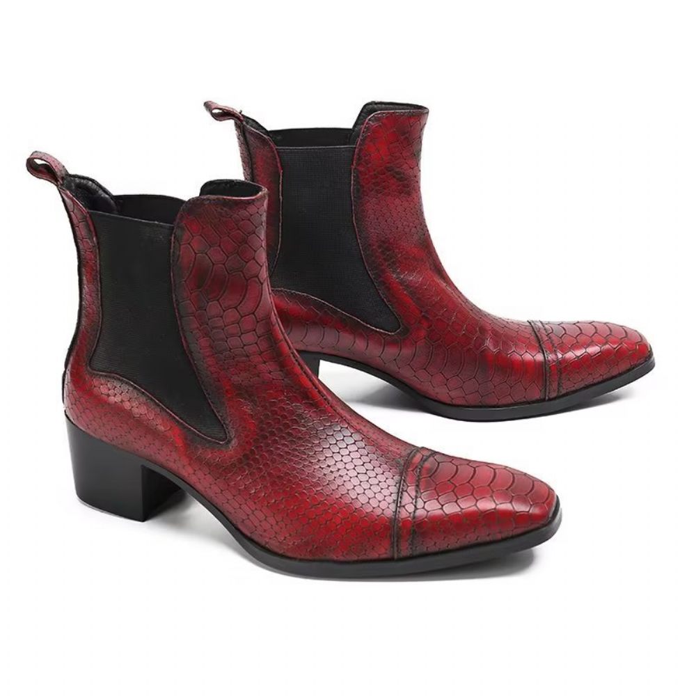 Bottes Pour Hommes Habillées Luxe Cuir À Texture Croco - Rouge