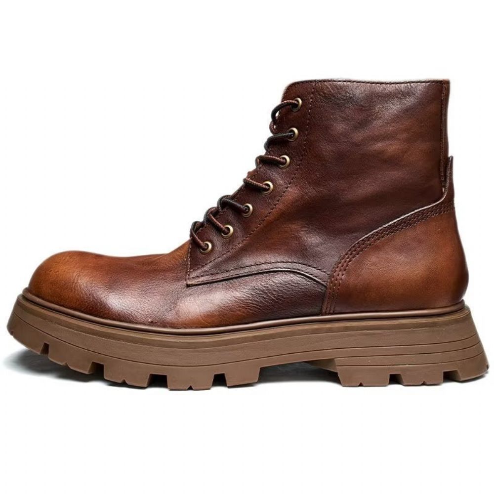 Bottes Pour Hommes À Lacets Chics Bout Rond - Café