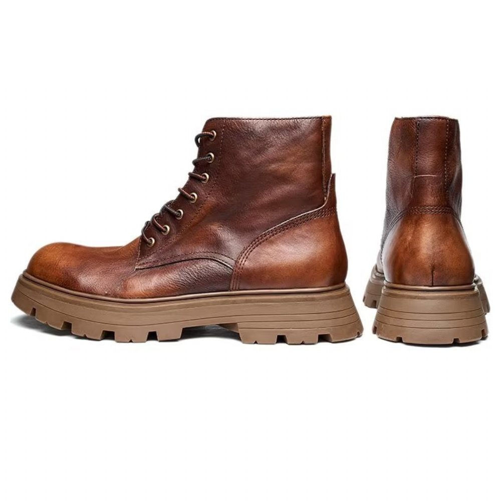 Bottes Pour Hommes À Lacets Chics Bout Rond - Café