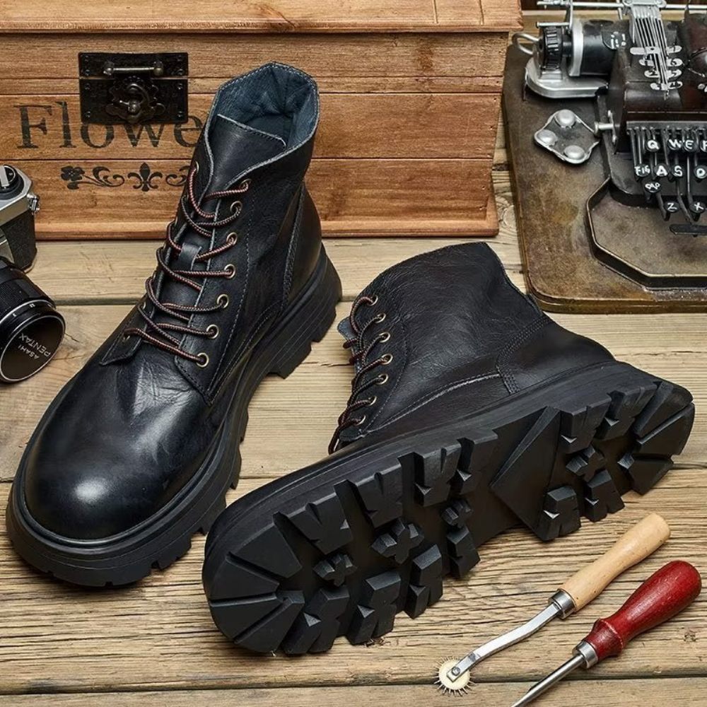 Bottes Pour Hommes À Lacets Chics Bout Rond - Noir