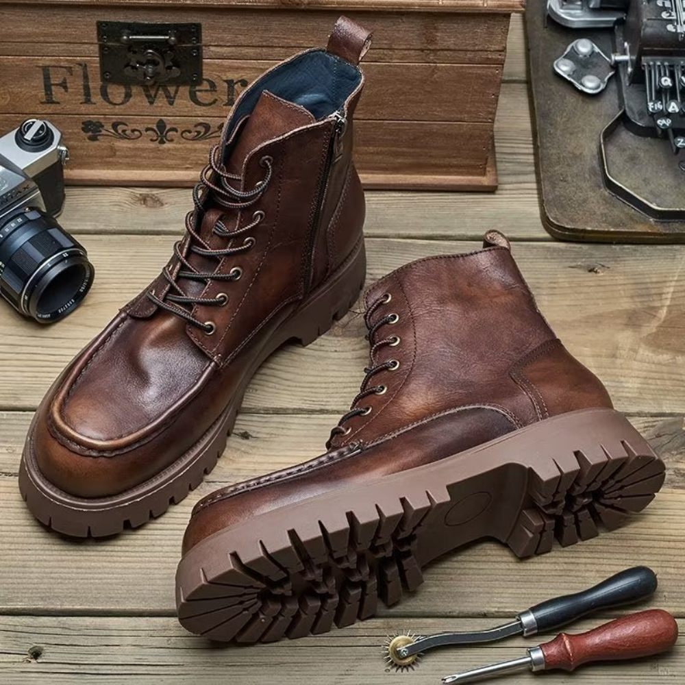 Bottes Pour Hommes À Lacets Chics Bout Rond - Café