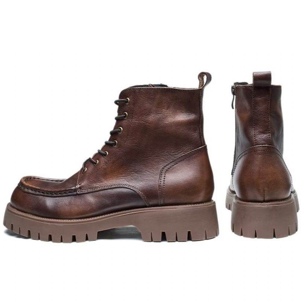 Bottes Pour Hommes À Lacets Chics Bout Rond - Café