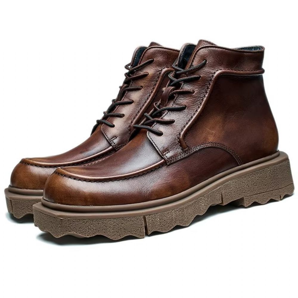 Bottes Pour Hommes À Lacets Chics Bout Rond - Café