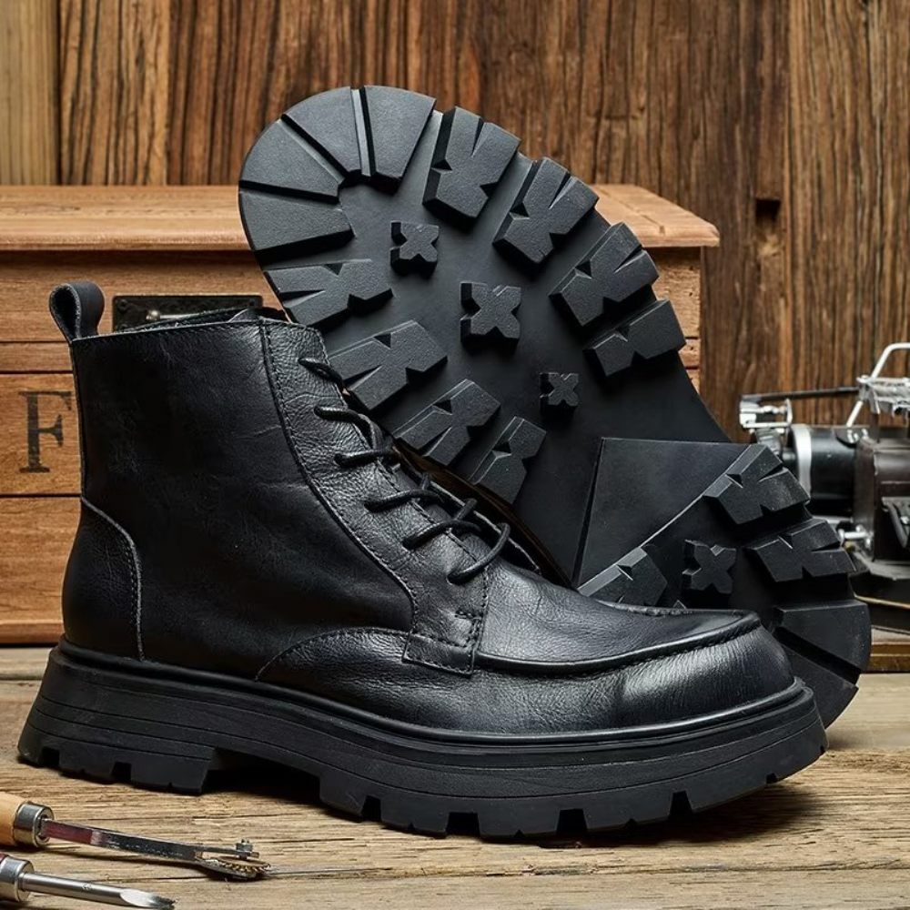 Bottes Pour Hommes À Lacets Élégantes Bout Rond - Noir