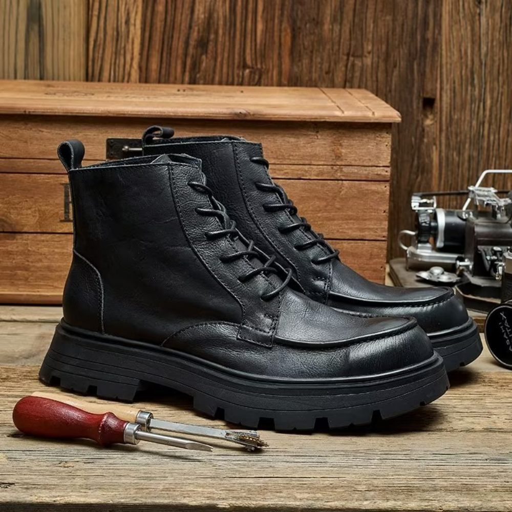 Bottes Pour Hommes À Lacets Élégantes Bout Rond - Noir