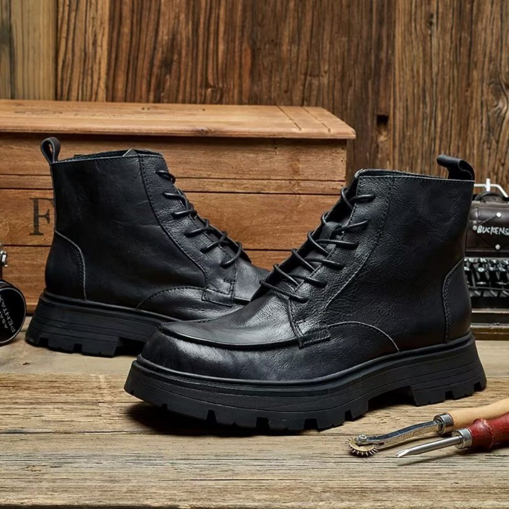 Bottes Pour Hommes À Lacets Élégantes Bout Rond - Noir