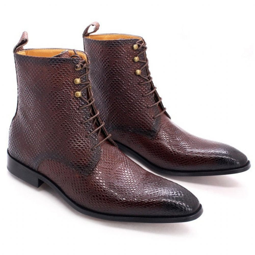 Bottes Pour Hommes À Lacets Montantes Chic Peau Serpent - Café