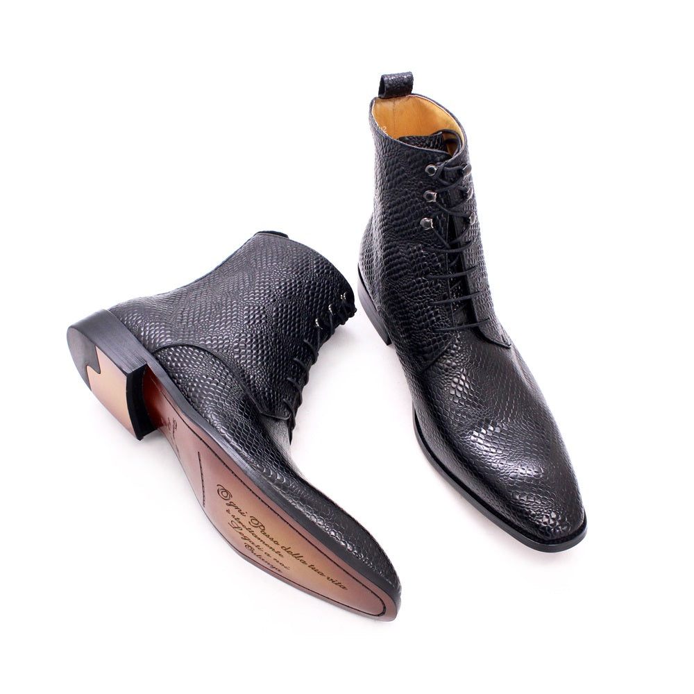 Bottes Pour Hommes À Lacets Montantes Chic Peau Serpent - Noir