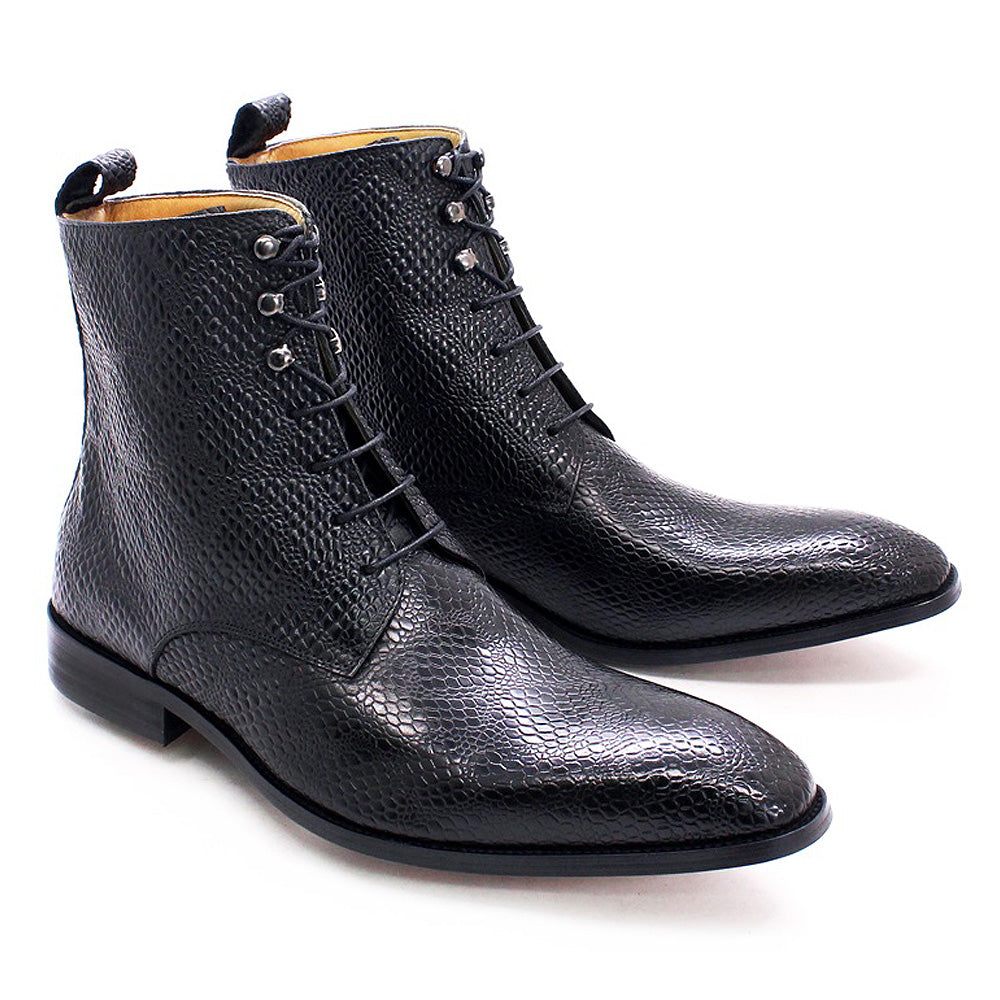 Bottes Pour Hommes À Lacets Montantes Chic Peau Serpent - Noir