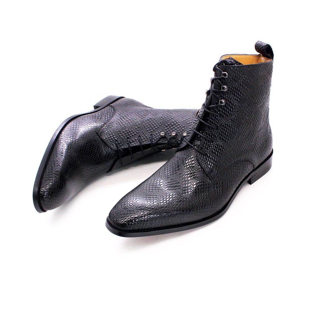 Bottes Pour Hommes À Lacets Montantes Chic Peau Serpent - Noir