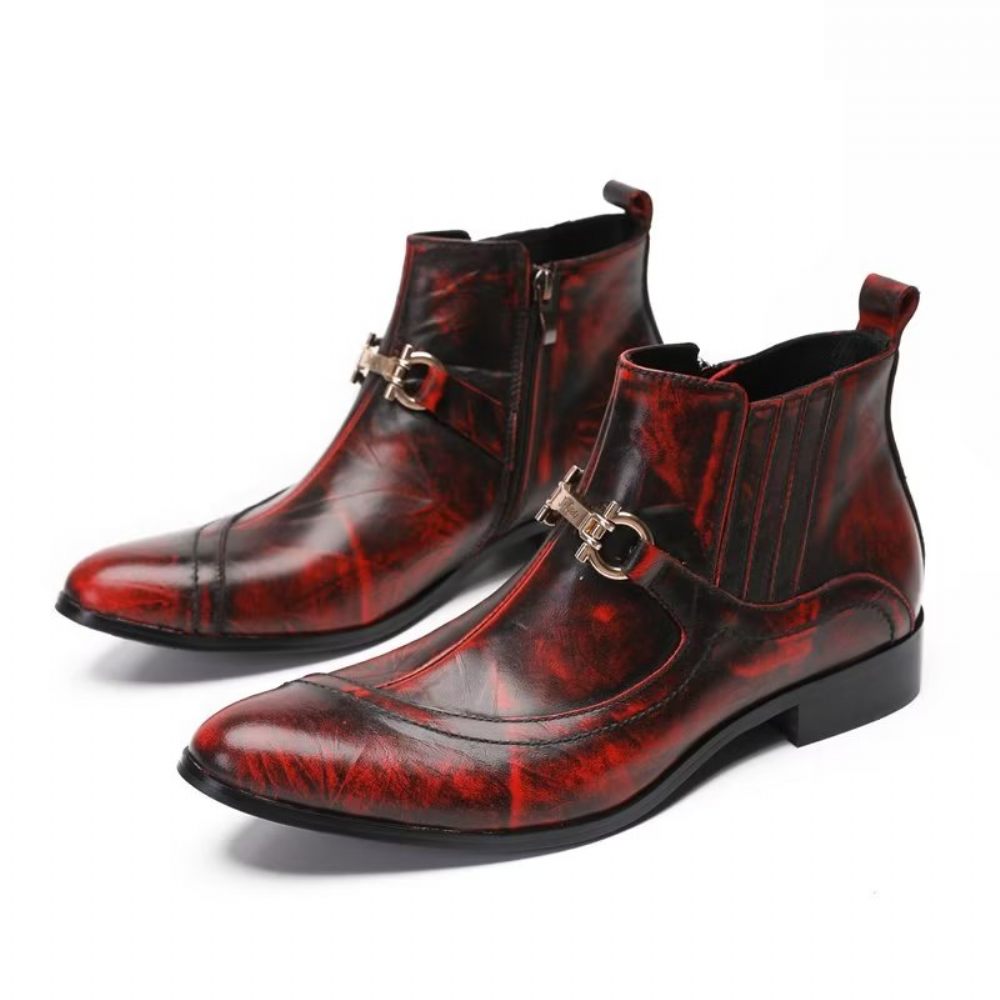 Bottes Pour Hommes Luxe Cuir Avec Détail Chaîne - Rouge