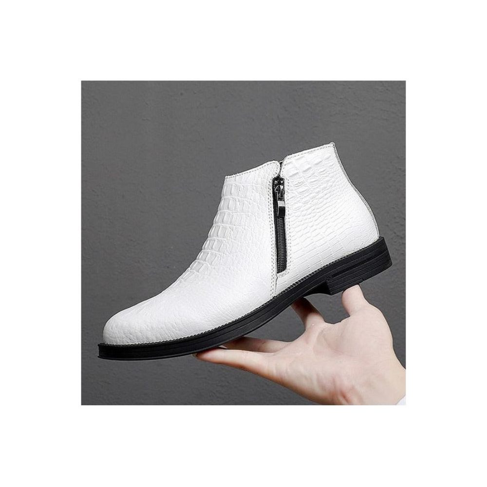 Bottes Pour Hommes Luxe Cuir Crocodile Garnies Fourrure À La Mode - Blanc