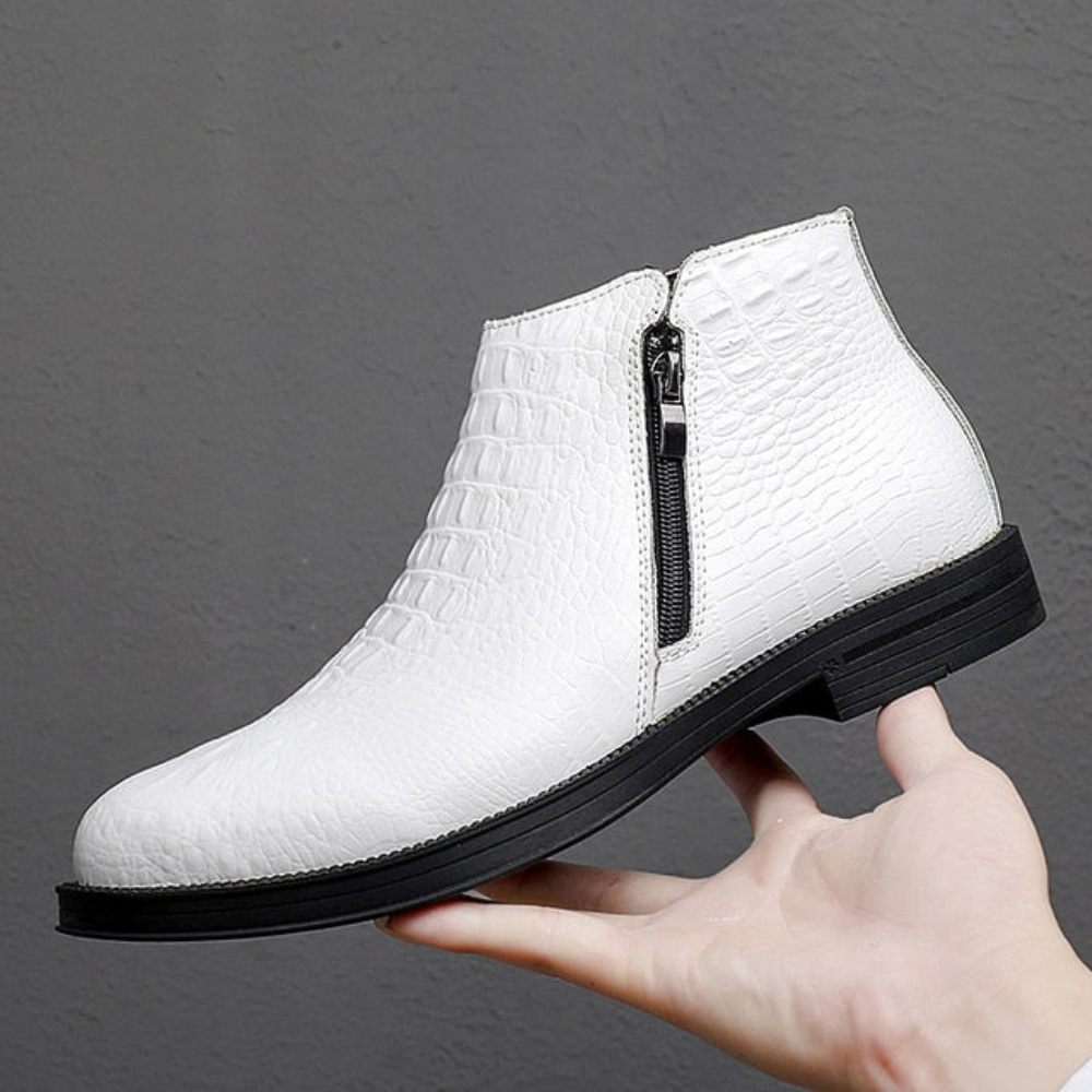 Bottes Pour Hommes Luxe Cuir Crocodile Garnies Fourrure À La Mode - Blanc