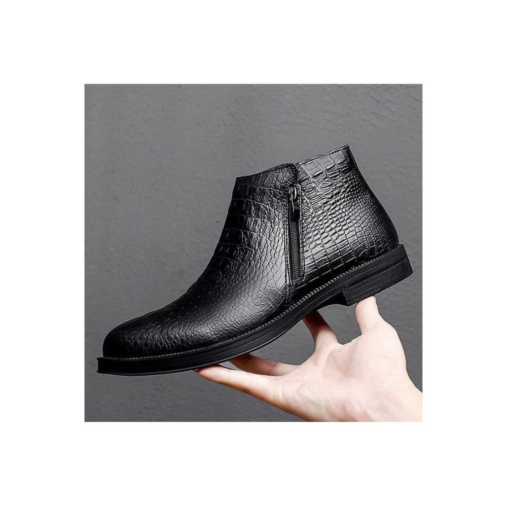 Bottes Pour Hommes Luxe Cuir Crocodile Garnies Fourrure À La Mode - Noir