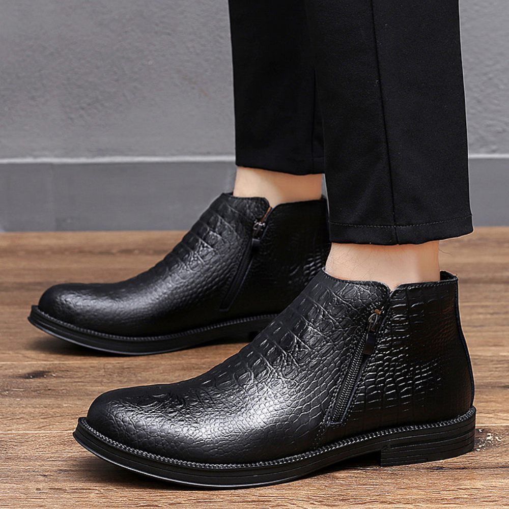 Bottes Pour Hommes Luxe Cuir Crocodile Garnies Fourrure À La Mode - Noir