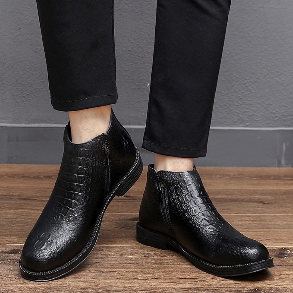 Bottes Pour Hommes Luxe Cuir Crocodile Garnies Fourrure À La Mode - Noir