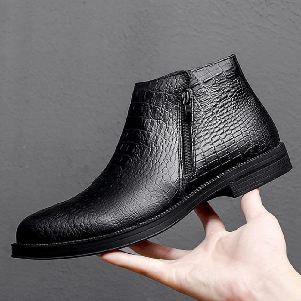 Bottes Pour Hommes Luxe Cuir Crocodile Garnies Fourrure À La Mode - Noir