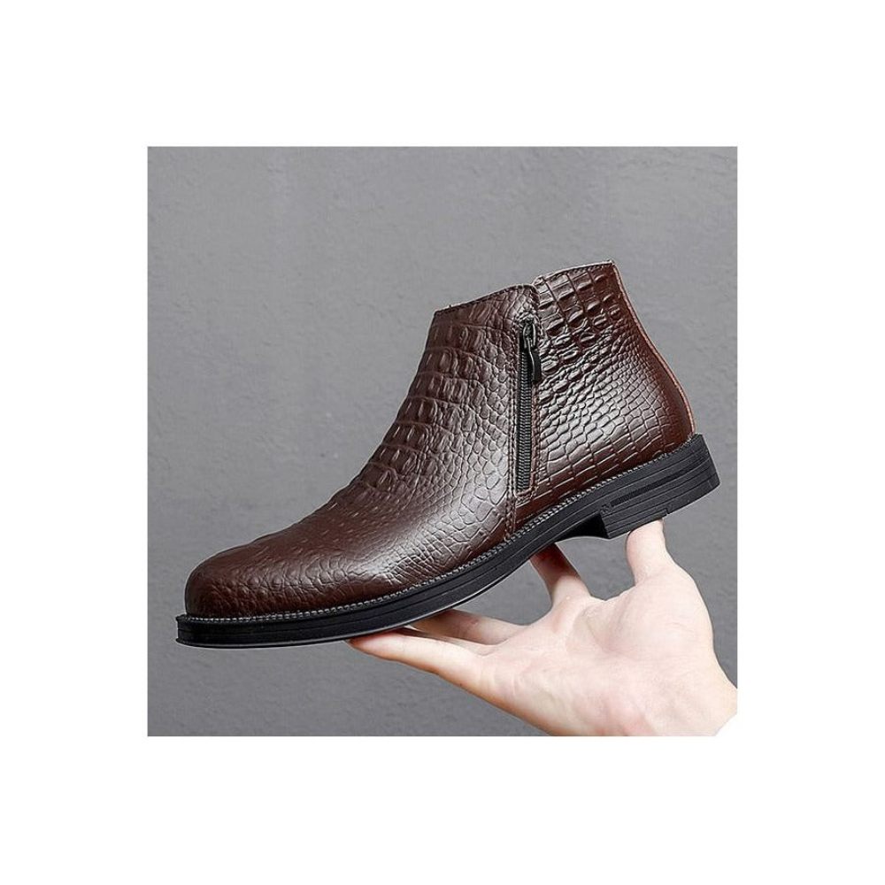 Bottes Pour Hommes Luxe Cuir Crocodile Garnies Fourrure À La Mode - Café