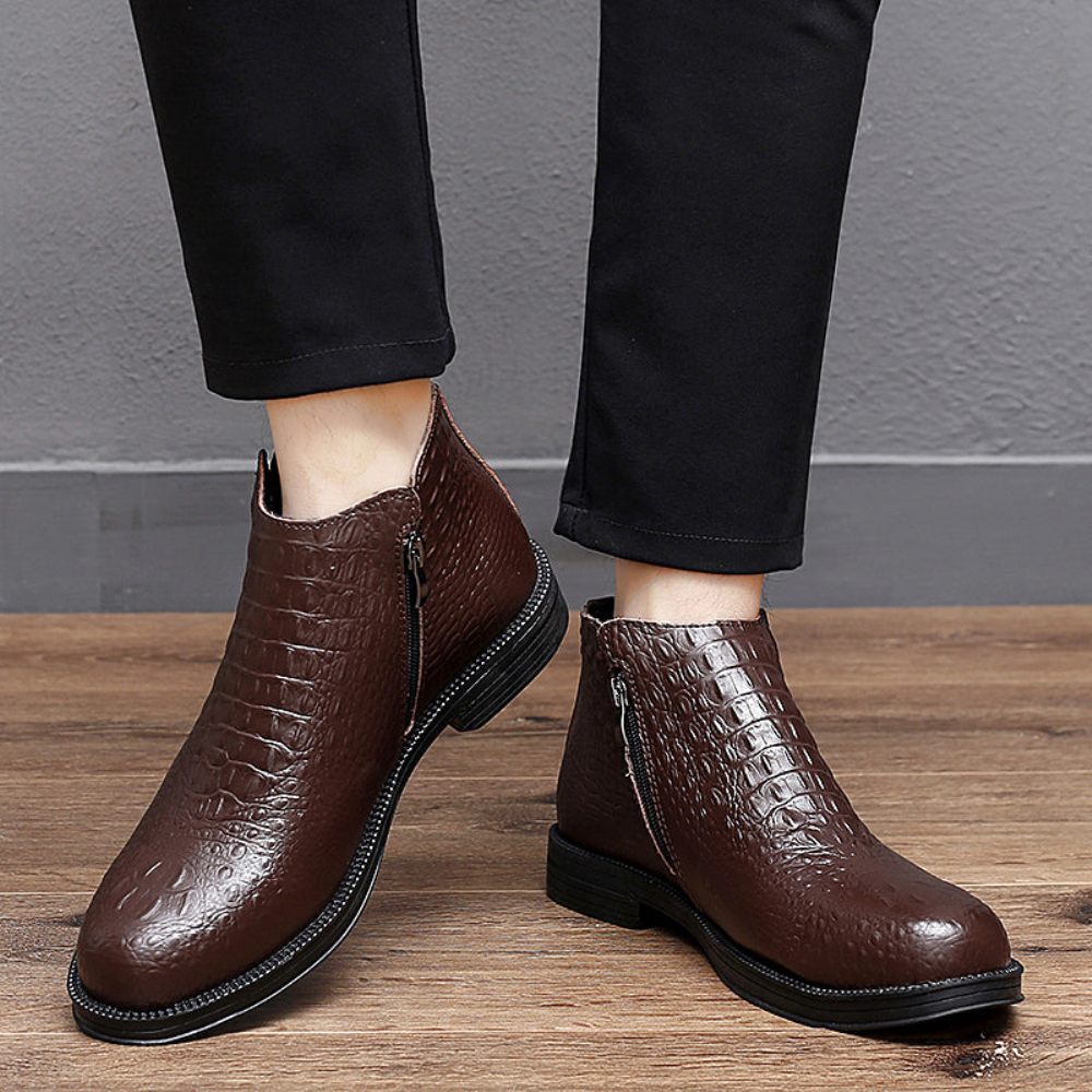 Bottes Pour Hommes Luxe Cuir Crocodile Garnies Fourrure À La Mode - Café