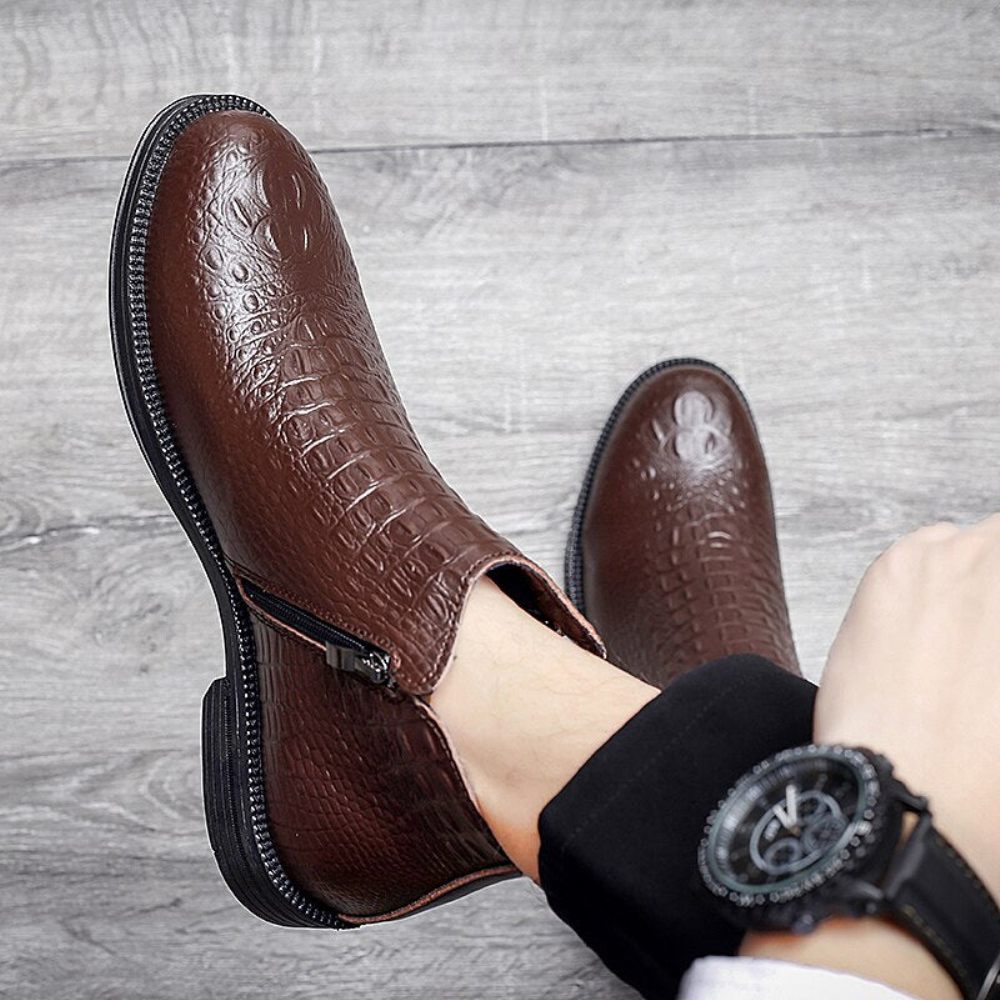 Bottes Pour Hommes Luxe Cuir Crocodile Garnies Fourrure À La Mode - Café