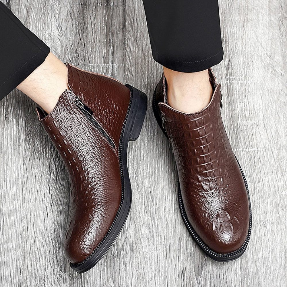 Bottes Pour Hommes Luxe Cuir Crocodile Garnies Fourrure À La Mode - Café