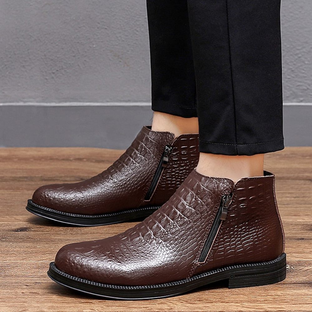 Bottes Pour Hommes Luxe Cuir Crocodile Garnies Fourrure À La Mode - Café