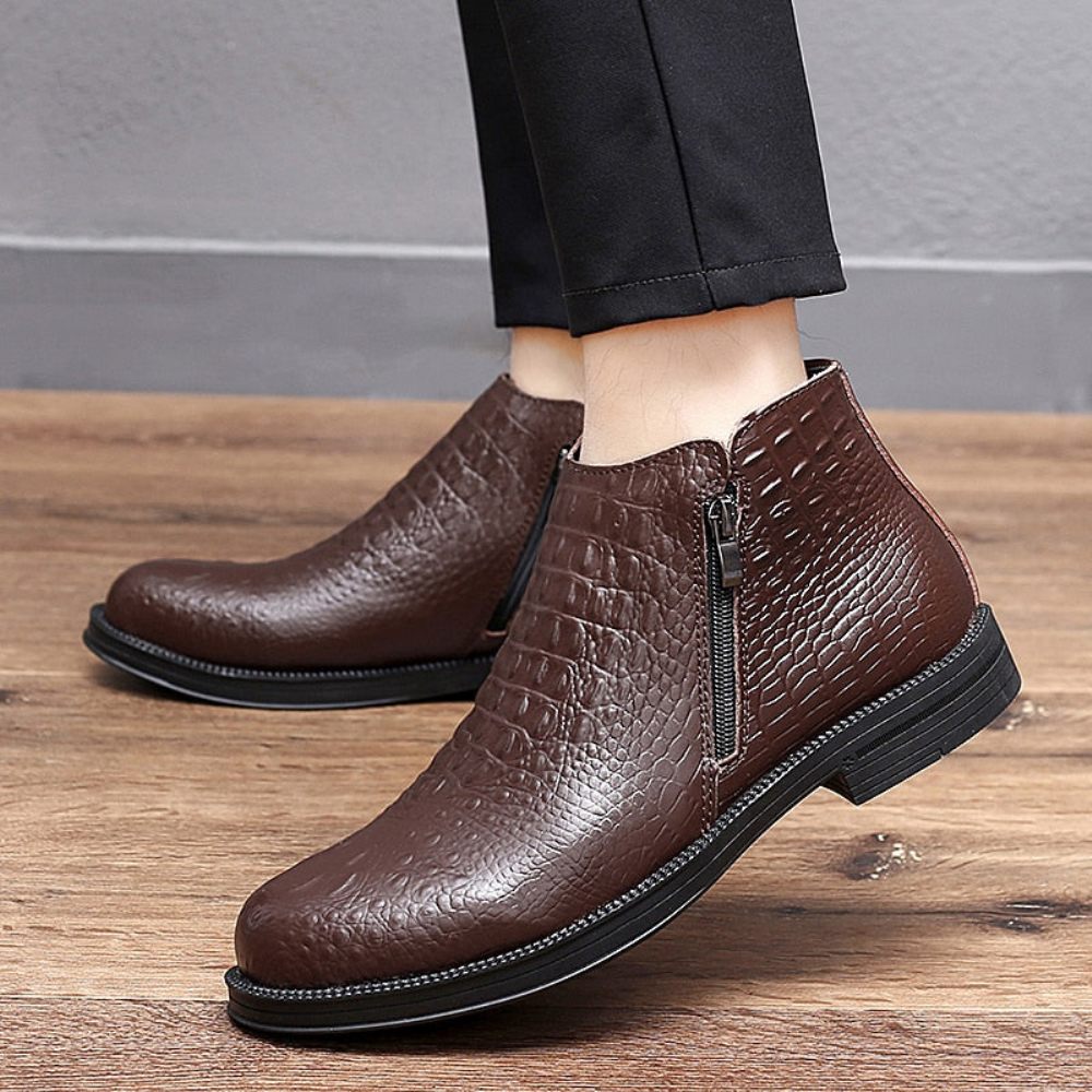 Bottes Pour Hommes Luxe Cuir Crocodile Garnies Fourrure À La Mode - Café