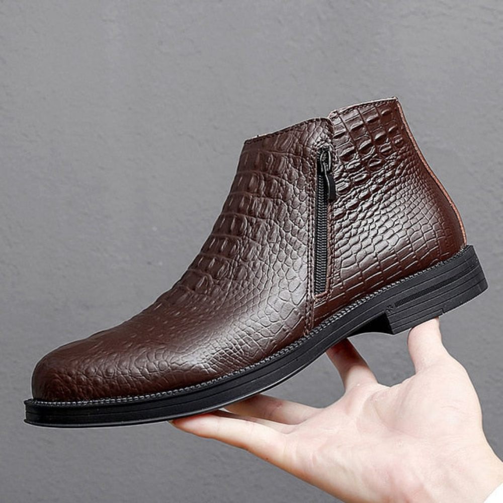 Bottes Pour Hommes Luxe Cuir Crocodile Garnies Fourrure À La Mode - Café