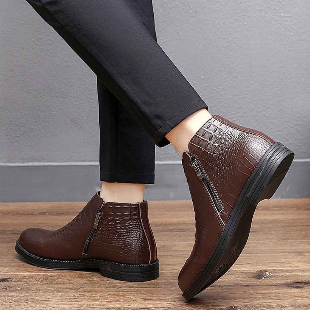 Bottes Pour Hommes Luxe Cuir Crocodile Garnies Fourrure À La Mode - Café