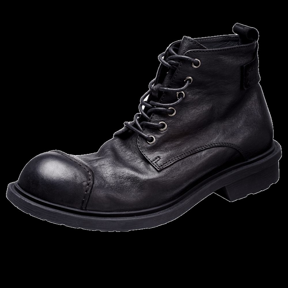 Bottes Pour Hommes Luxe À Lacets Cuir Vache Bout Rond - Noir