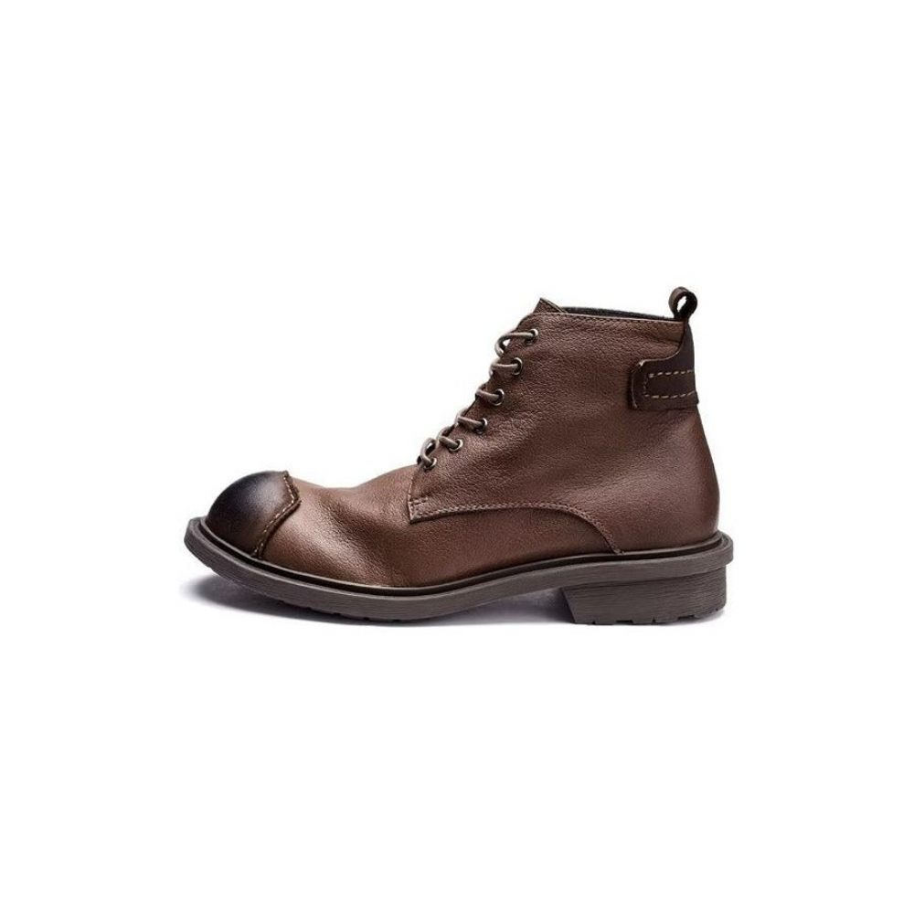 Bottes Pour Hommes Luxe À Lacets Cuir Vache Bout Rond - Café