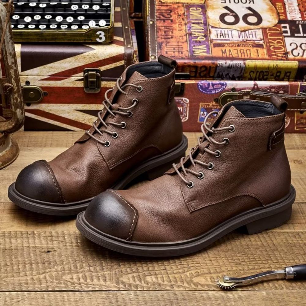 Bottes Pour Hommes Luxe À Lacets Cuir Vache Bout Rond - Café