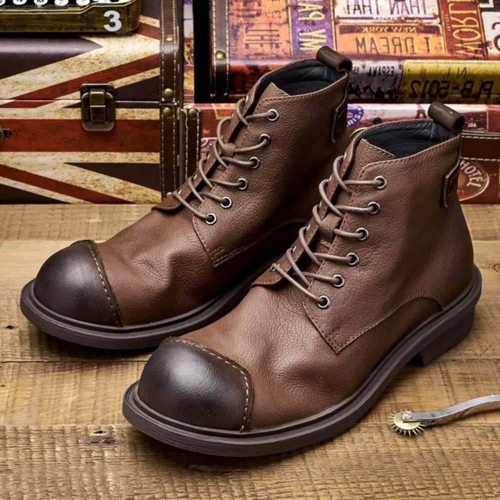 Bottes Pour Hommes Luxe À Lacets Cuir Vache Bout Rond - Café