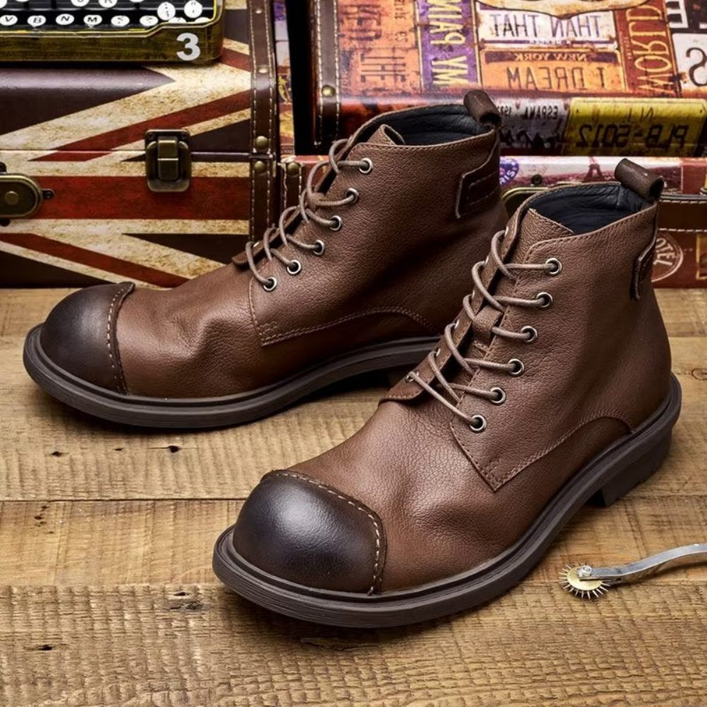 Bottes Pour Hommes Luxe À Lacets Cuir Vache Bout Rond - Café